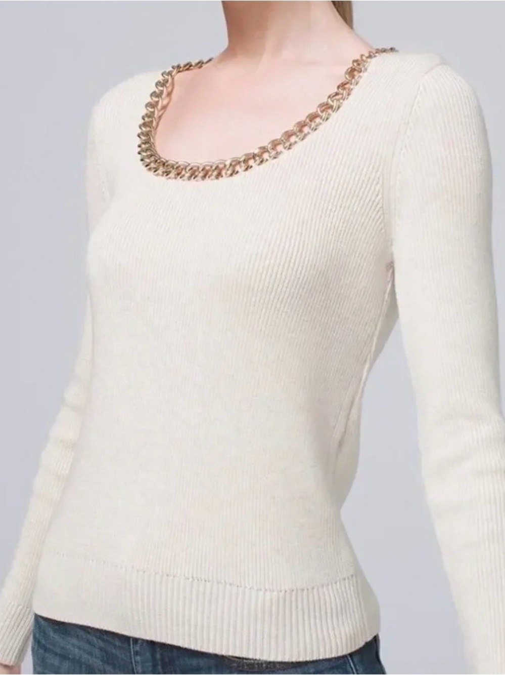 White House Black Market Cream Scoopneck Sweater with Gold Chain Accent